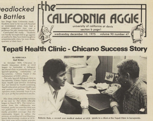 Newspaper article with headline "Tepati Health Clinic - Chicano Success Story"