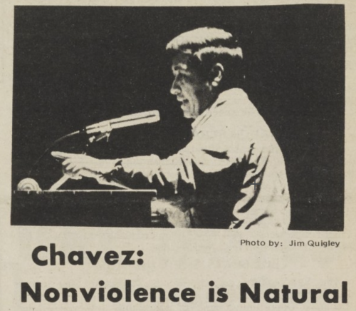 Cesar Chavez at a podium in freeborn hall