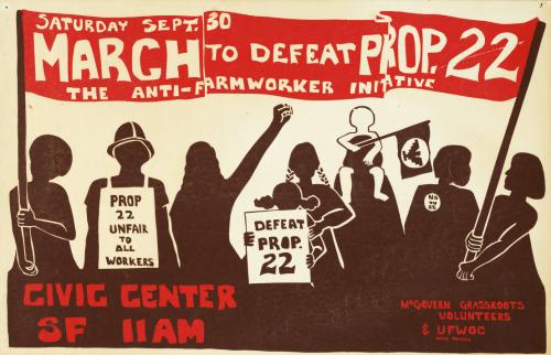 The poster depicts people silhouetted in brown holding signs. The signs read  "Prop 22 Unfair to all Workers," "Defeat Prop. 22," "No on 22," and one has the UFW logo.