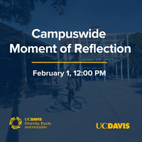 Duotoned blue image of Memorial Union with white text that reads: "Campuswide Moment of Reflection Feb 1, 12pm".