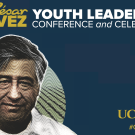 César Chávez illustration on blue background with title of conference