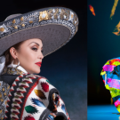 A collage of four images showing people on a balcony, a woman in a sombrero, two colorful dancers, and a man with a trumpet.