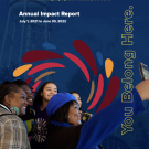 Cover of the UC Davis Office for Diversity, Equity and Inclusion Annual Impact Report (July 1, 2021 – June 30, 2022), featuring smiling community members taking a group selfie with the phrase “You Belong Here.”