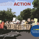 An illustration of a protest with a "BLACK LIVES MATTER" banner; "TAKING ACTION" and UC Davis text included.