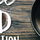 Cup of coffee on a wooden table with text reading "Coffee and Conversation."