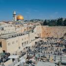View of the Western Wall Plaza in Jerusalem with the Dome of the Rock in the background.