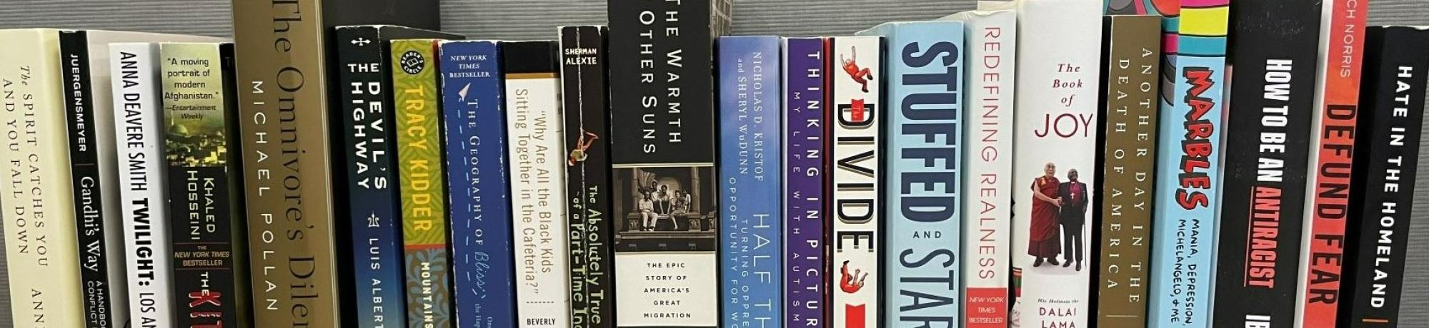 All of the Book Project selections lined up on one shelf.