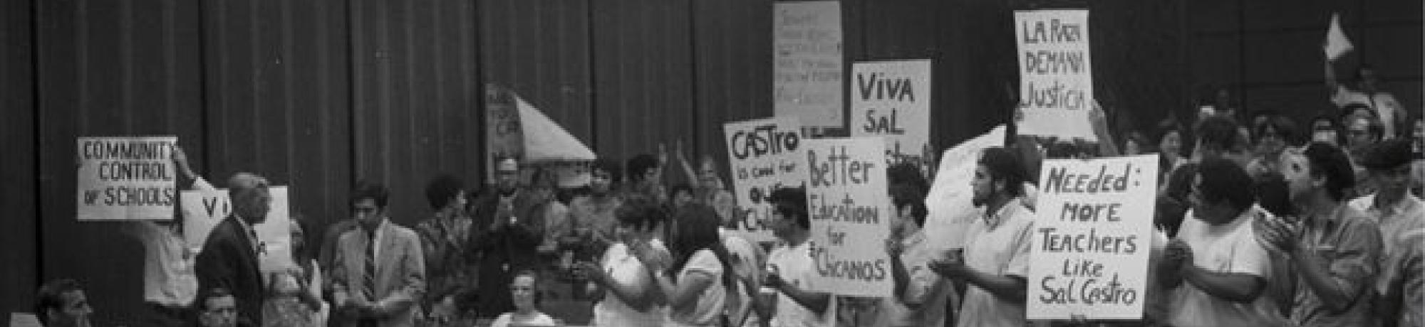 "Bring back Sal Castro," Protestors demand that the LAUSD board of education reinstate teacher Sal Castro, who assisted the student demonstrators. La Raza Photograph Collection. UCLA Newsroom.