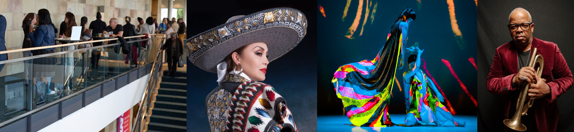A collage of four images showing people on a balcony, a woman in a sombrero, two colorful dancers, and a man with a trumpet.